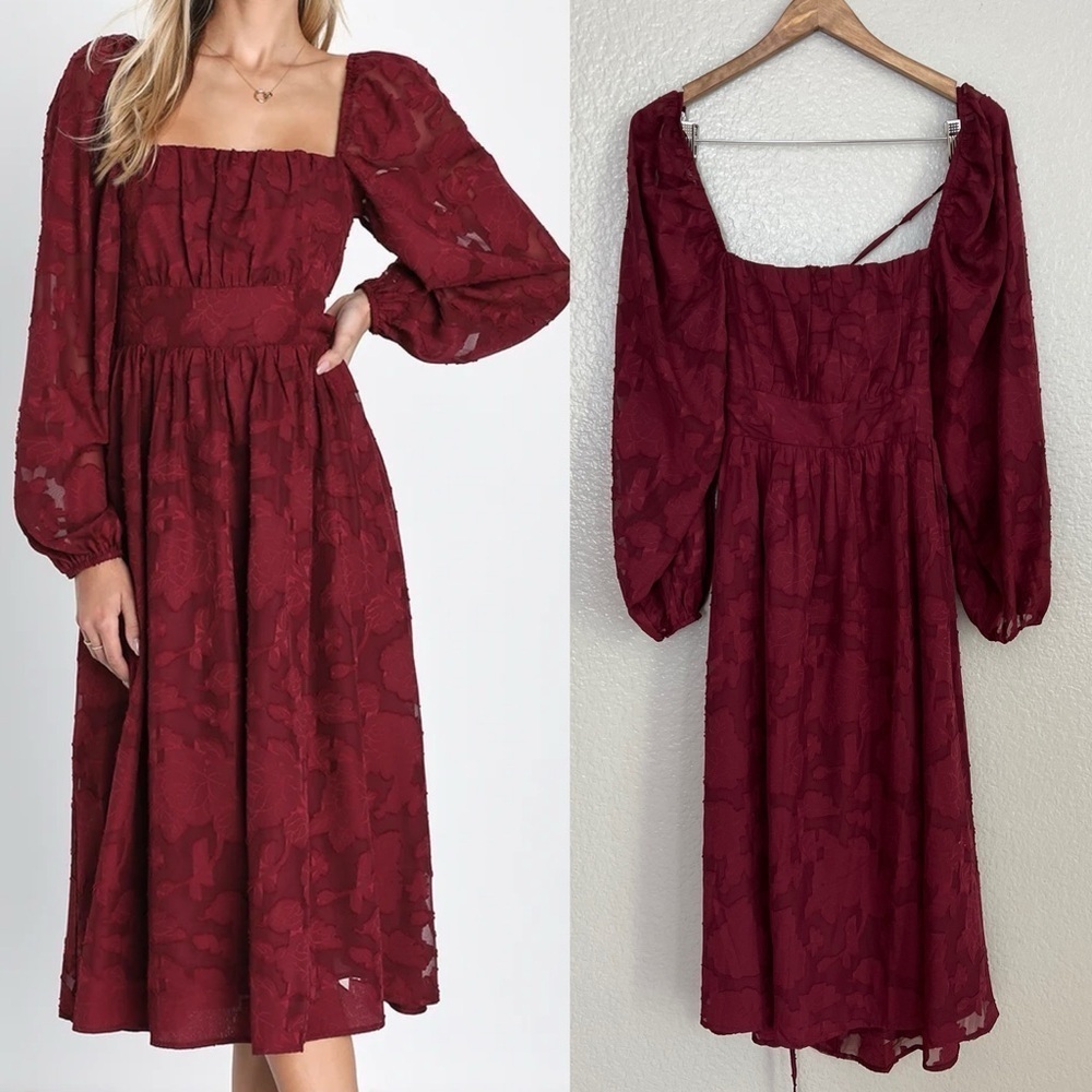Flirtatious Nature Burgundy Floral Jacquard Lace-Up Midi Dress